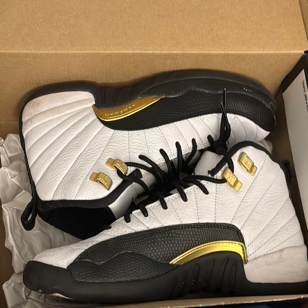 Jordan 12’s Black and White Sneakers with Gold Accents